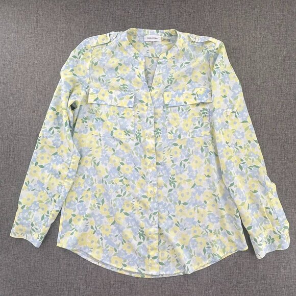 Calvin Klein Blouse Long Roll Tab Sleeve‎ Button Down V-neck Floral Yellow blue - Picture 1 of 12